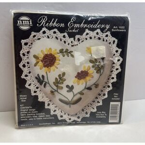 Vintage Sunflowers NeedleMagic Ribbon Embroidery Sachet Kit Heart Lace Sealed